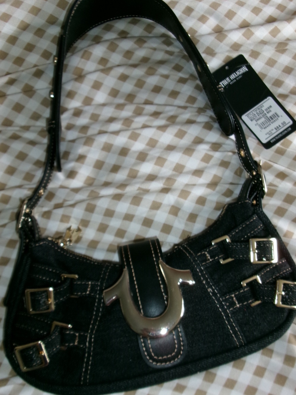 True Religion Black Denim Shoulder Bag with Gold Emblem